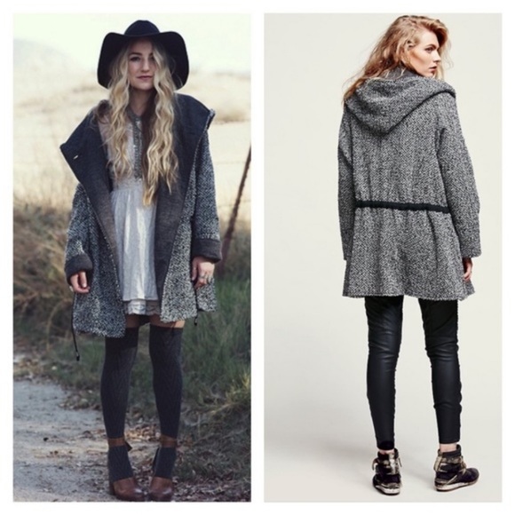 Free People Tweed Satellite Image Swing Coat Size Large Hooded Jacket -HOST PICK - Picture 3 of 16